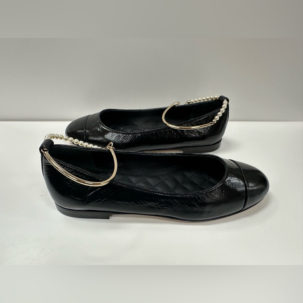 CHANEL Lambskin Patent Calfskin Cap Toe Ankle Chain Ballerina Flats in Black - Picture 4 of 13